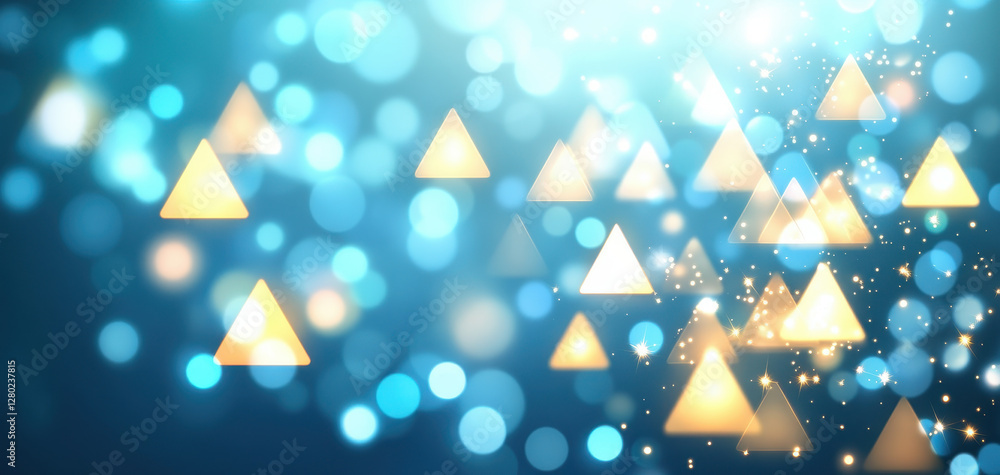 Poster abstract gradient blue background with geometric triangles and bokeh lights creates dreamy atmospher