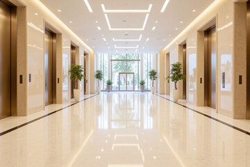 modern spacious building lobby marble tiles elevators windows