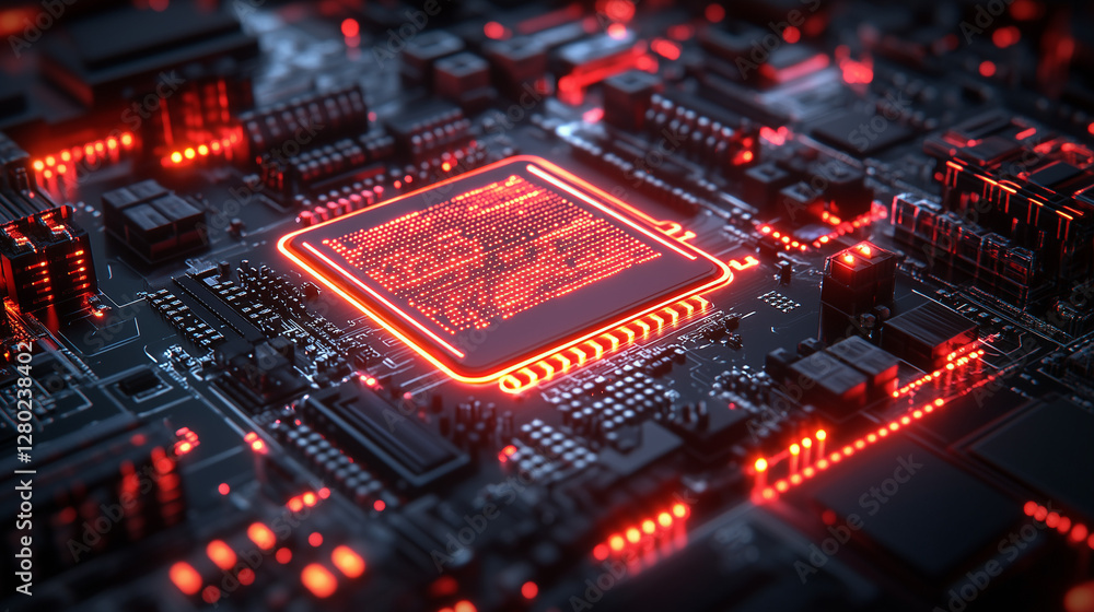 Poster glowing pink neon microchip on a futuristic circuit board. suitable for technology, computing, and a