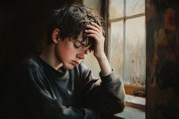 A powerful composition of a boy sitting by a window, hand on forehead, deep in anxious thoughts.