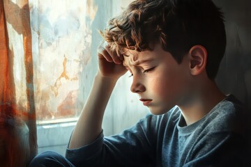 A powerful composition of a boy sitting by a window, hand on forehead, deep in anxious thoughts.