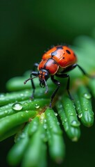 Fototapeta premium Ixodes persulcatus on a fir leaf with dew droplets, ixodes persulcatus, insect