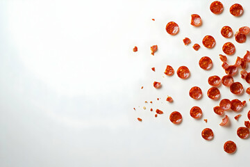 Scattered pepperoni slices on a clean white surface creating an abstract pattern