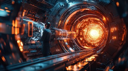 Physicist working with a particle accelerator, futuristic equipment