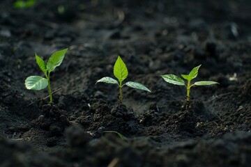 Fototapeta premium Three small trees growing in the soil.