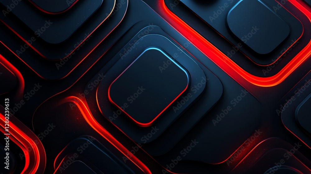 Poster abstract dark background with red neon glowing lines and layered squares.