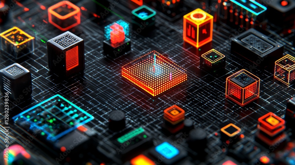 Poster illuminated futuristic electronic circuit board technology abstract visualization concept artificial