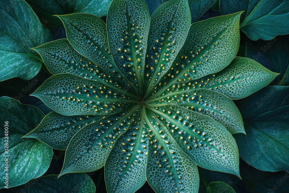 Poster A mesmerizing close-up of a unique leaf, adorned with golden dots, showcasing intricate details and vibrant green hues.