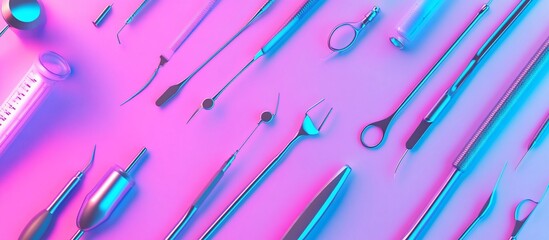 Neon-lit medical instruments arranged on pink background.