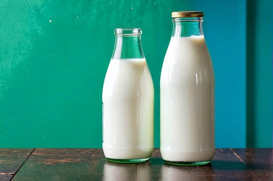 A glass bottle of milk is sitting on a table