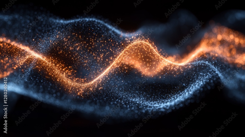 Poster abstract luminous wave formation backdrop featuring dynamic interplay of orange and blue particle st