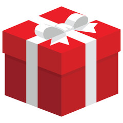 Single red square present / gift box with white ribbon bow flat design illustration. Simple isometric vector interface elements for app icon ui ux banner web invitation isolated on white background
