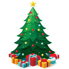 Simple green Christmas tree with colourful presents seasonal theme concept flat design isometric illustration, vector ui interface elements for icon app web banner card isolated on white background