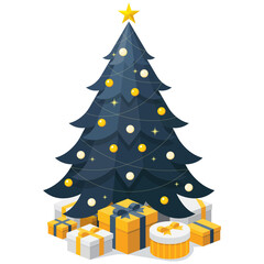 Simple green Christmas tree with colourful presents seasonal theme concept flat design isometric illustration, vector ui interface elements for icon app web banner card isolated on white background