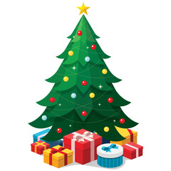 Simple green Christmas tree with colourful presents seasonal theme concept flat design isometric illustration, vector ui interface elements for icon app web banner card isolated on white background