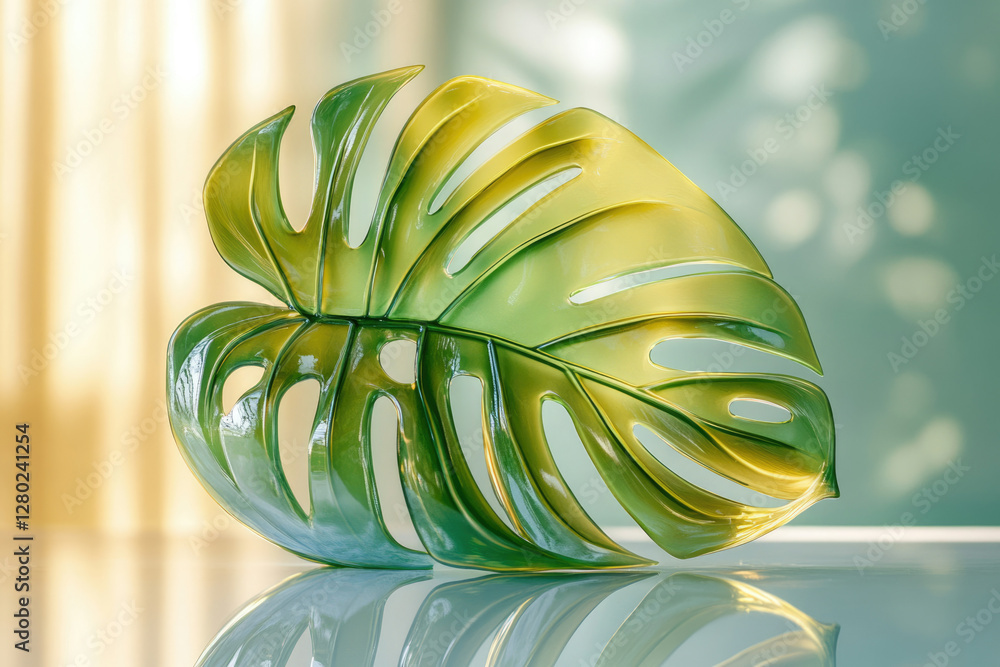 Poster a single, translucent green monstera leaf rests on a reflective surface, bathed in soft light.