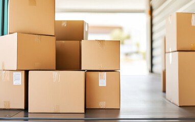 Packed boxes in moving truck ready for transport, showcasing organization and efficiency