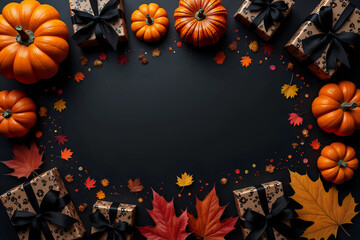 Obraz premium Infusing Halloween with happiness through thoughtful gifts. Top view of gift boxes with black ribbons, pumpkins, autumn leaves, scary elements, confetti on black background with promo spot
