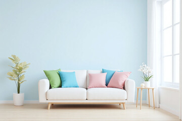modern living room white sofa light blue wall colorful pillows