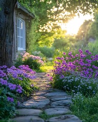 Sunlit Garden Path, Blossoming Flowers, Cottage, Summer