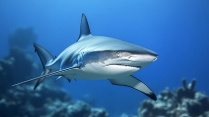 Fototapeta premium Gray Reef Shark Swimming in Blue Ocean Water