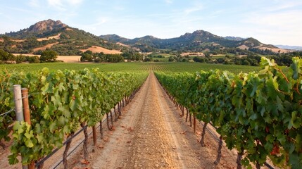 Obraz premium Vineyard Rows Lead to Mountainscape