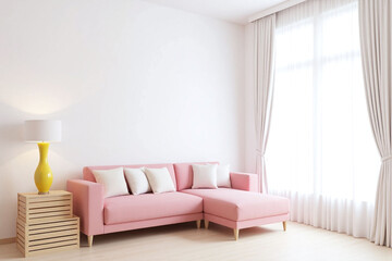 Fototapeta premium modern living room large window pink sofa wooden crates
