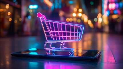 Neon shopping cart on phone, city background.