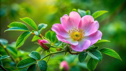 Obraz premium a pink flower with green leaves in the sunlight