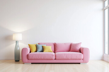 modern living room pink sofa soft pink fabric tall glass vase