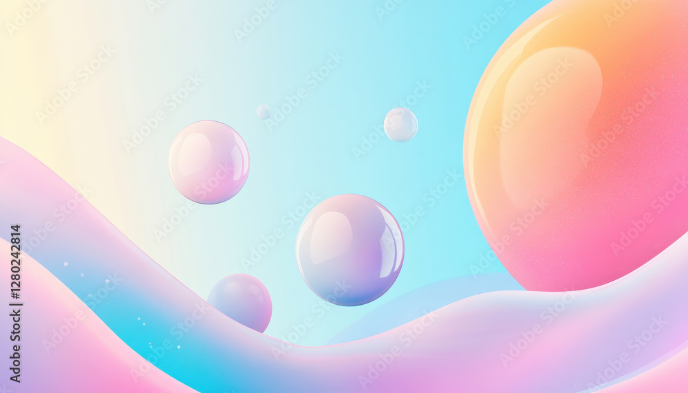Poster soft glowing futuristic blue gradient with floating bubbles and waves
