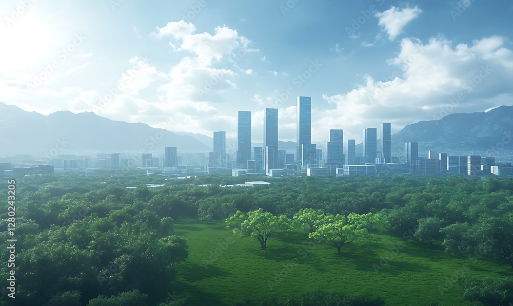 Poster futuristic business district concept image featuring innovative architecture and energy-efficient de