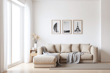 modern living room large window beige sofa gray throw blanket