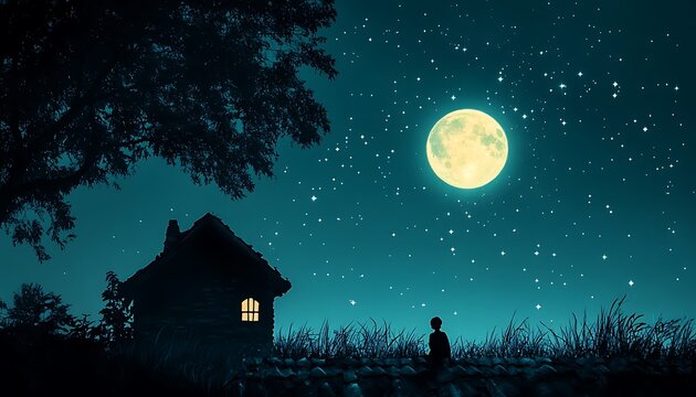 A lonely silhouette observes a luminous full moon during nighttime
