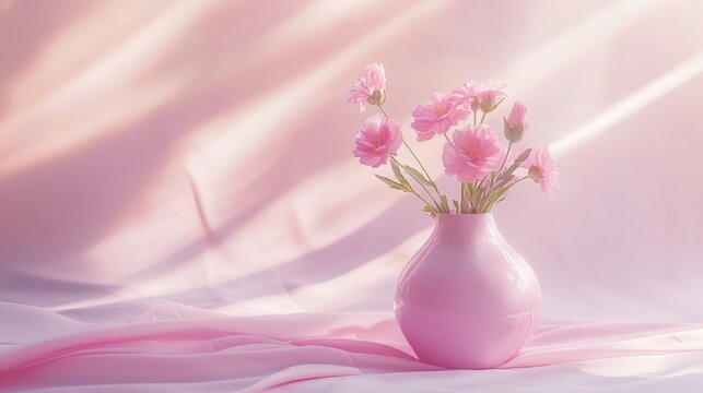 Photo of a purpel vase with pink flowers on a light background, pastel color theme
