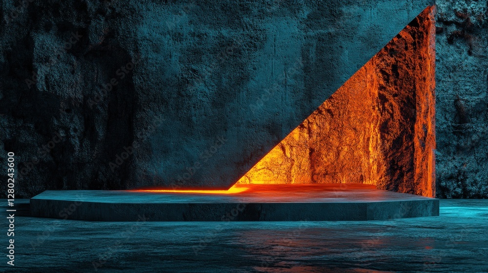 Poster abstract geometric structure with glowing edge in dark cavernous space, showcasing illumination effe