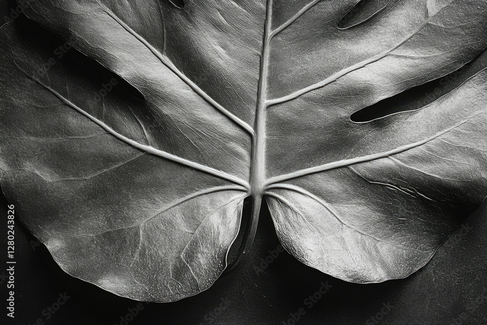 Poster a grayscale close-up captures the intricate details and texture of a single monstera deliciosa leaf.