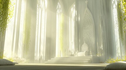 Sunlit throne room in a mystical, overgrown cathedral.