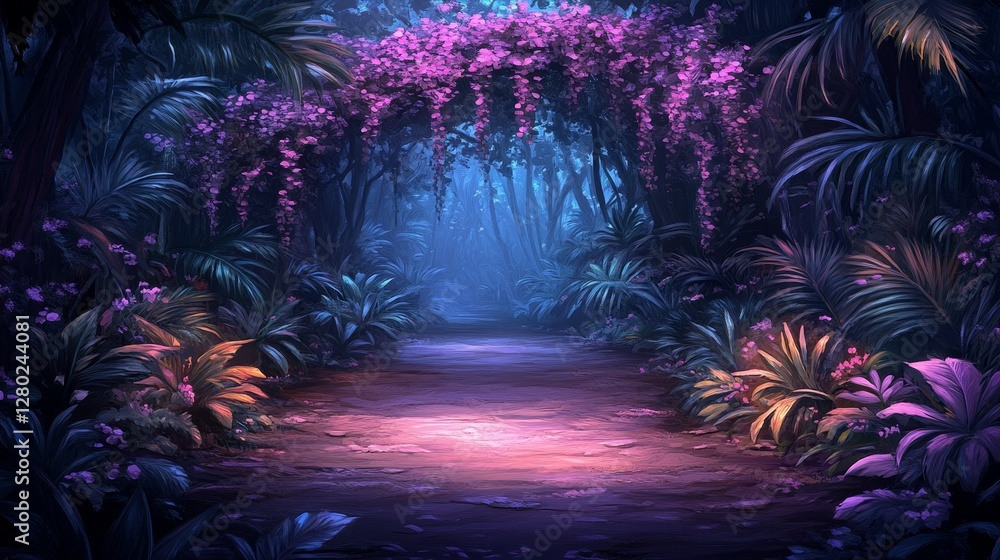 Poster mystical forest illuminated by bioluminescent flora and soft diffused lighting offering a path into 