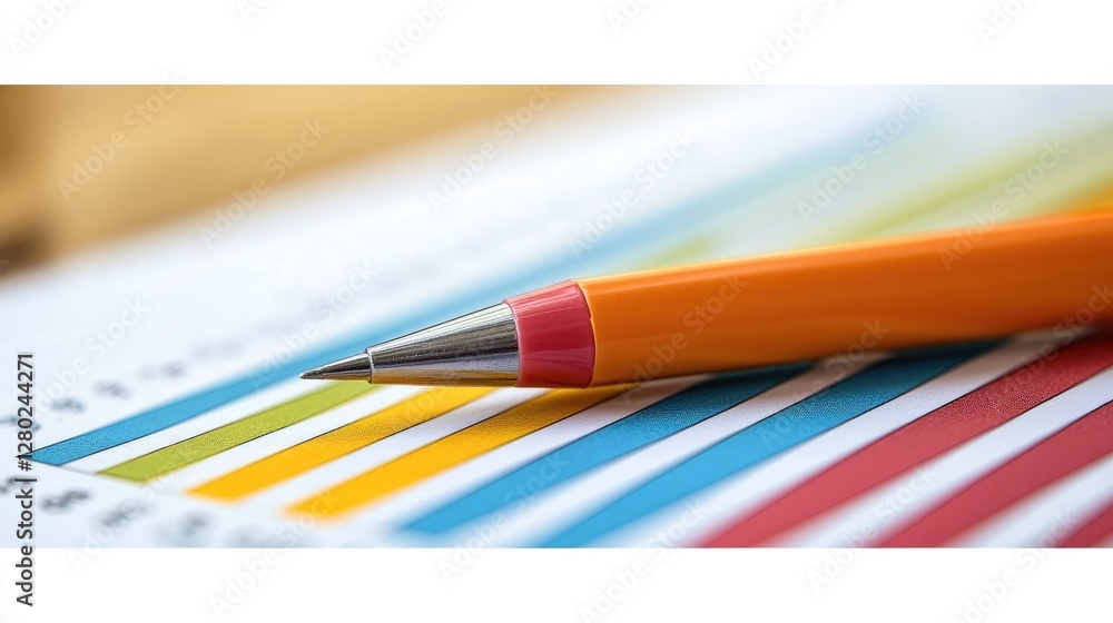 Poster a close-up of an orange pen resting on a colorful bar chart, highlighting various data points with v