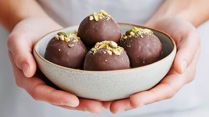 Dubai chocolate with pistachio, tahini and kadaif, chocolate broken in woman's hands
