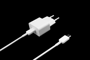 Charger with Type C socket with charging cable isolated on white background. Type C power supply....
