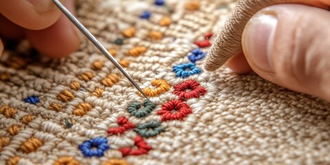 artisan embroidery workshops, an artisan meticulously embroidering a handmade textile with colorful threads, against the backdrop of a traditional workshop