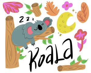 Sleeping Koala Illustration with Nature Elements. Cute Animals Vector Design