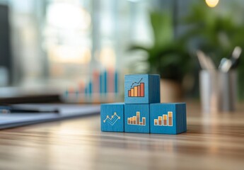 Fototapeta premium Blue blocks with business icons on office table