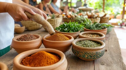 culinary experiences, a local cooking class in an open-air kitchen offers a unique community tourism experience with hands grinding fresh spices and visitors learning from a skilled chef amidst fresh