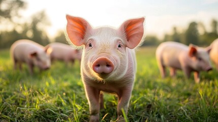 Adorable Pink Piglets in a Sunny Green Field