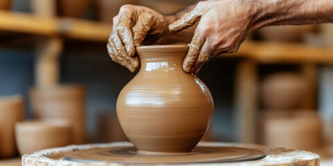 pottery making, a potter skillfully molds wet clay on a spinning wheel, with drying pottery and a rustic workspace in the background