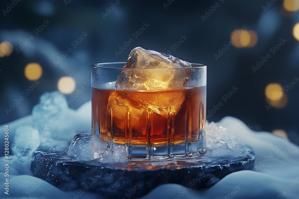 Aufkleber elegant whiskey glass with ice cubes and bokeh lights background creates a warm and inviting ambianc