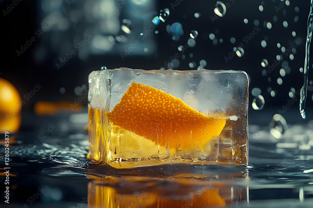 Aufkleber an orange slice frozen in ice cube, a refreshing and vibrant image that captures the essence of summ